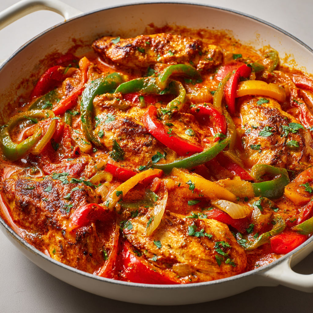 Un délicieux plat de poulet avec poivrons et tomates servi dans un bol.