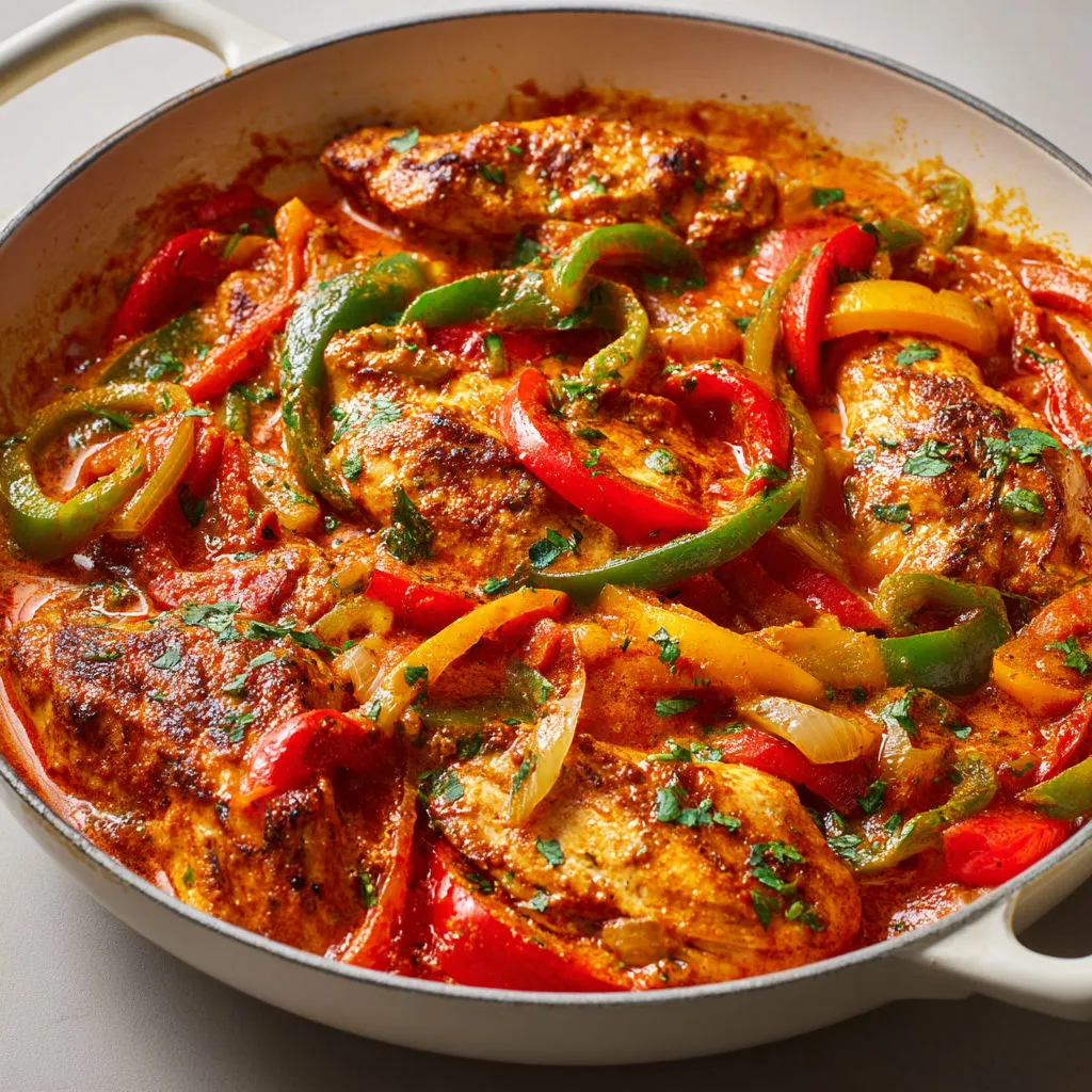 Un délicieux plat de poulet avec poivrons et tomates servi dans un bol.