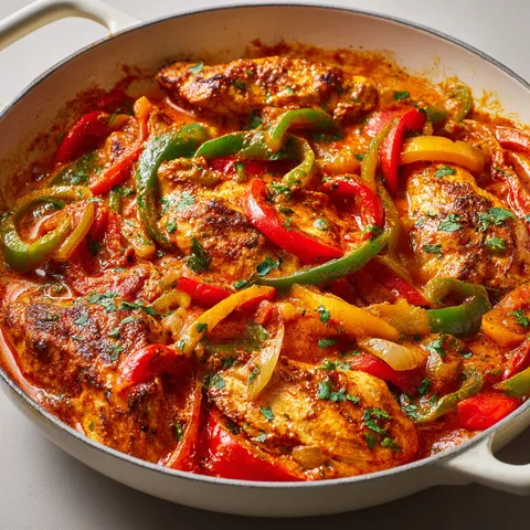 Un délicieux plat de poulet avec poivrons et tomates servi dans un bol.