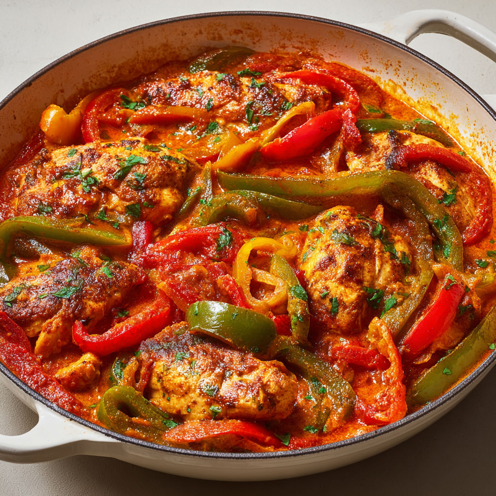 Poulet tendre et poivrons fondants dans une sauce tomate parfumée.