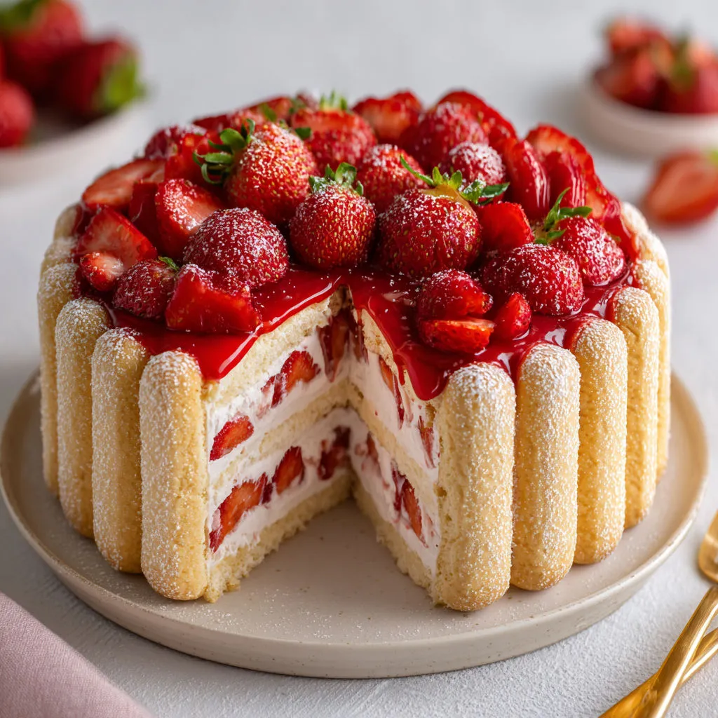 Un dessert délicieux aux fraises sans cuisson présenté élégamment sur un plateau.