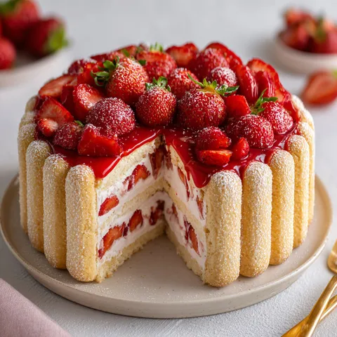 Un dessert délicieux aux fraises sans cuisson présenté élégamment sur un plateau.