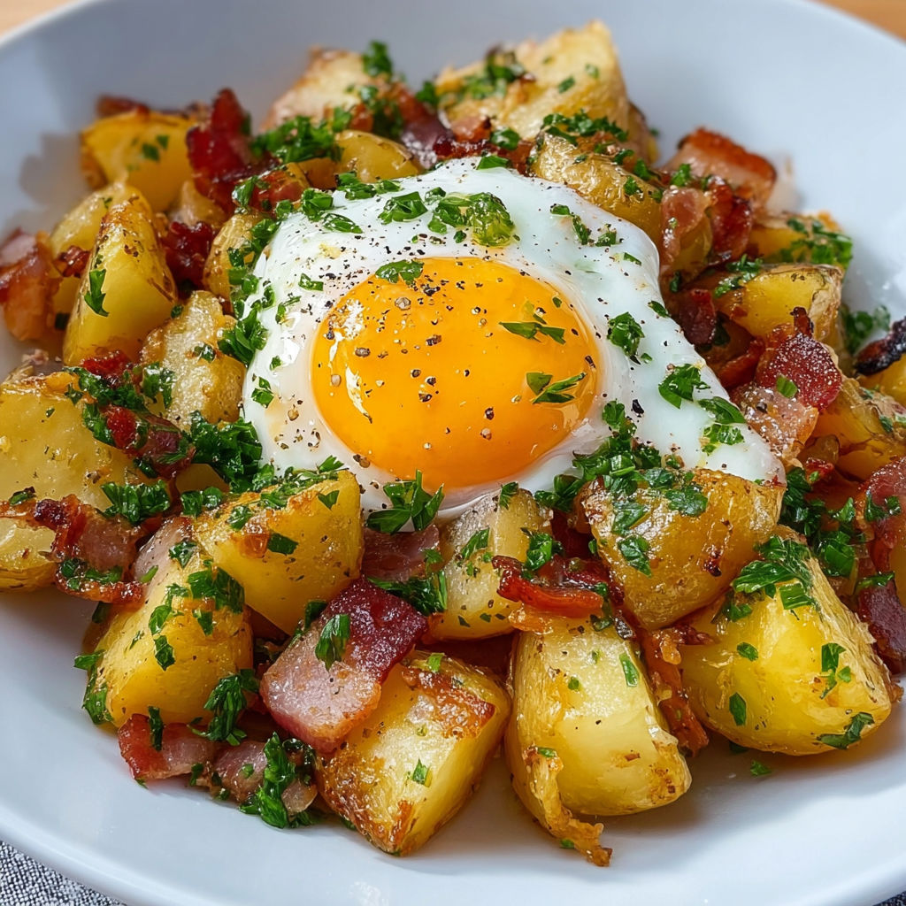 Un plat campagnard généreux : pommes de terre, bacon grillé, herbes fraîches et œuf fondu.