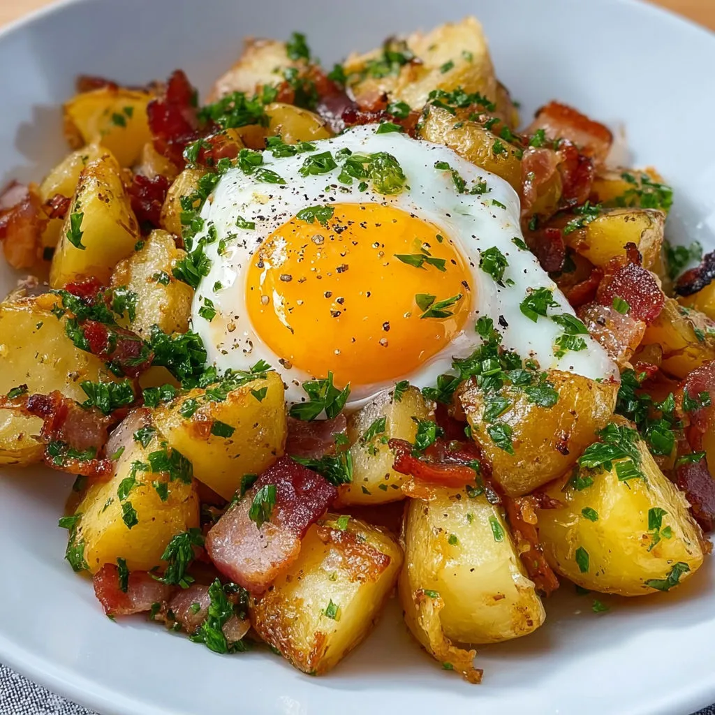 Un plat campagnard généreux : pommes de terre, bacon grillé, herbes fraîches et œuf fondu.