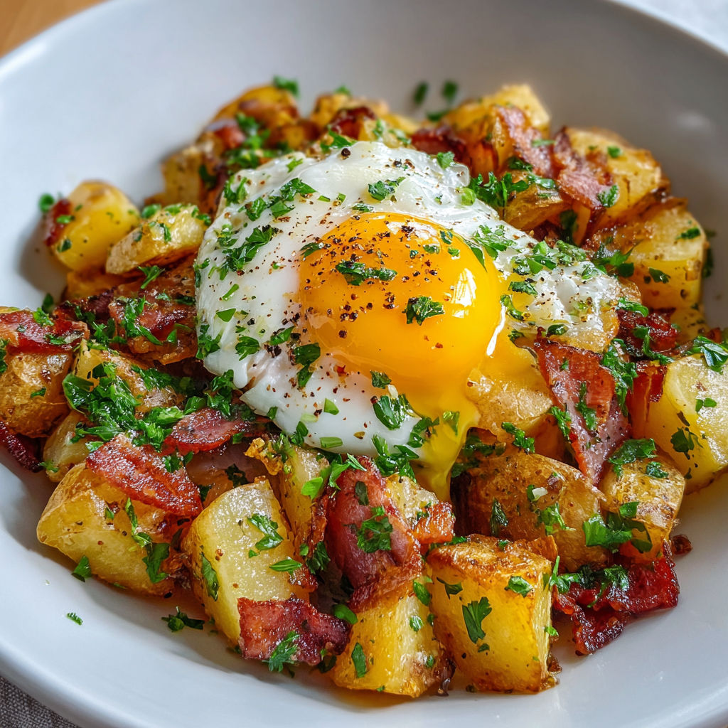 Salade champêtre aux pommes de terre, lardons dorés et œuf coulant.