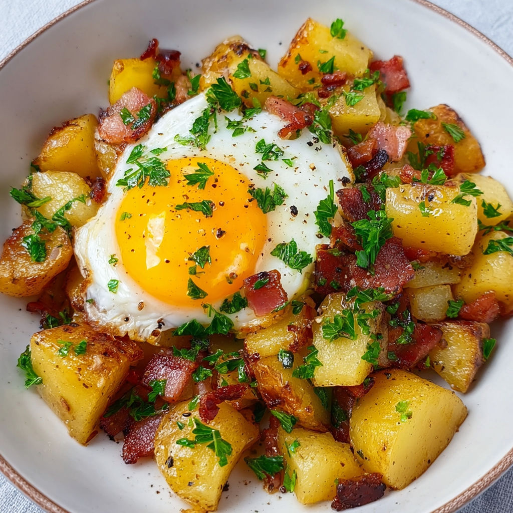 Assiette généreuse de salade paysanne, lardons fumés, pommes de terre poêlées et persil.