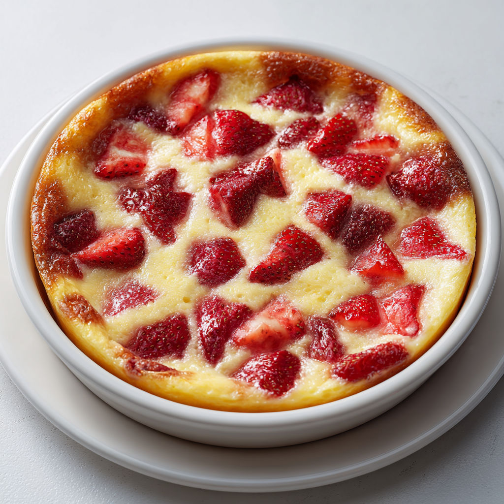 Gâteau clafoutis fraise simple, ultra moelleux, cuit au four, plein de fruits rouges.