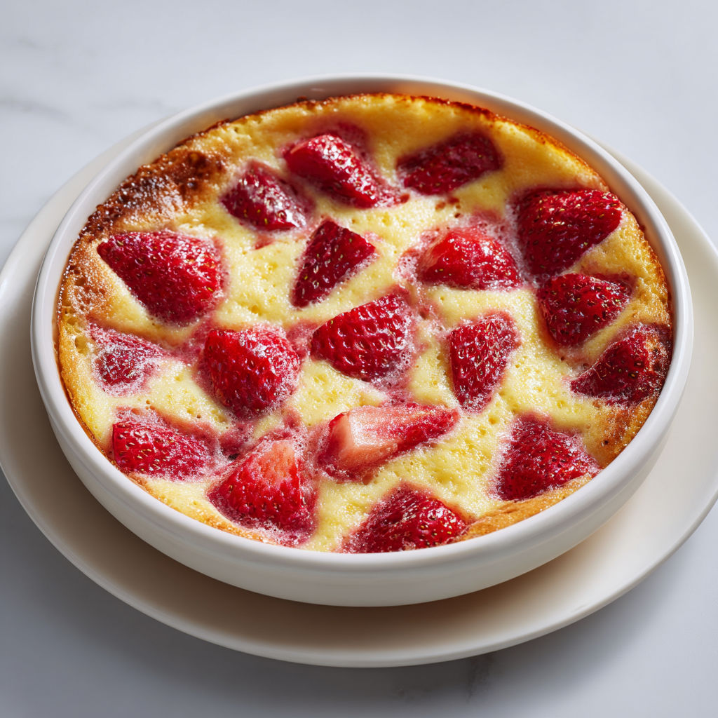Clafoutis fraise classique, lait entier et vanille, gourmand, doré et plein de fruits rouges.