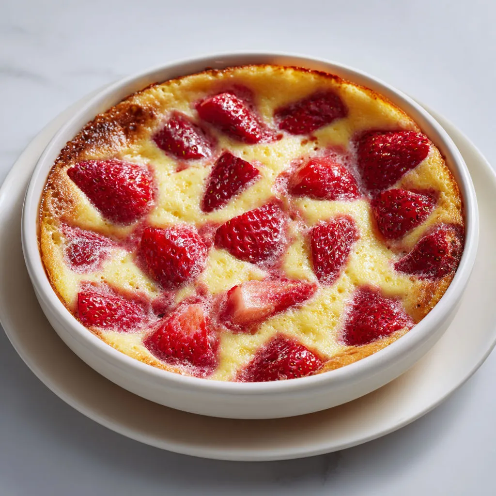 Clafoutis fraise classique, lait entier et vanille, gourmand, doré et plein de fruits rouges.