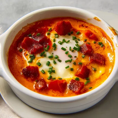 Œufs onctueux avec crème mixée au chorizo pour une entrée chaude aux saveurs marquées.