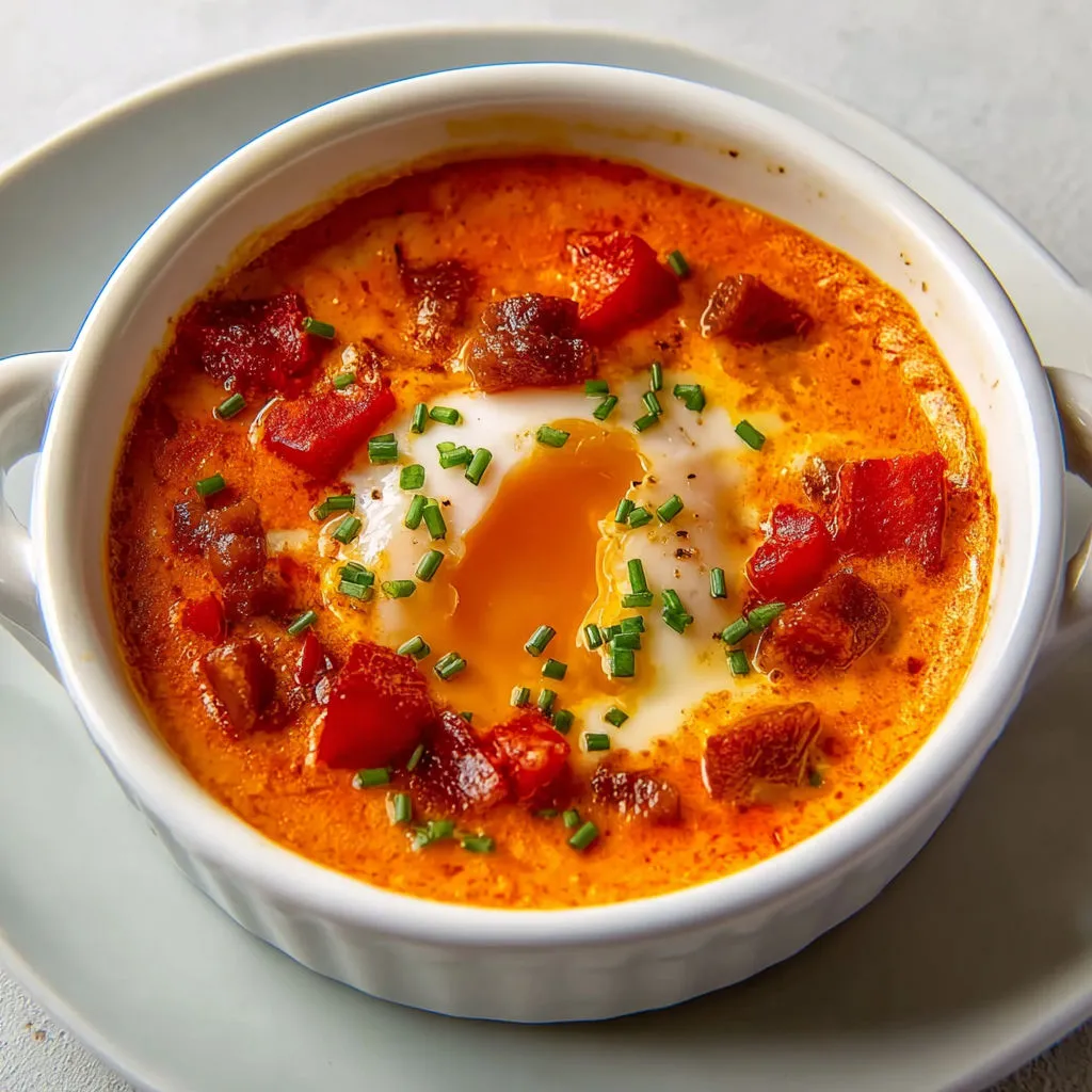 Œufs mollets posés sur une crème de chorizo douce et épicée façon tapas gourmande.