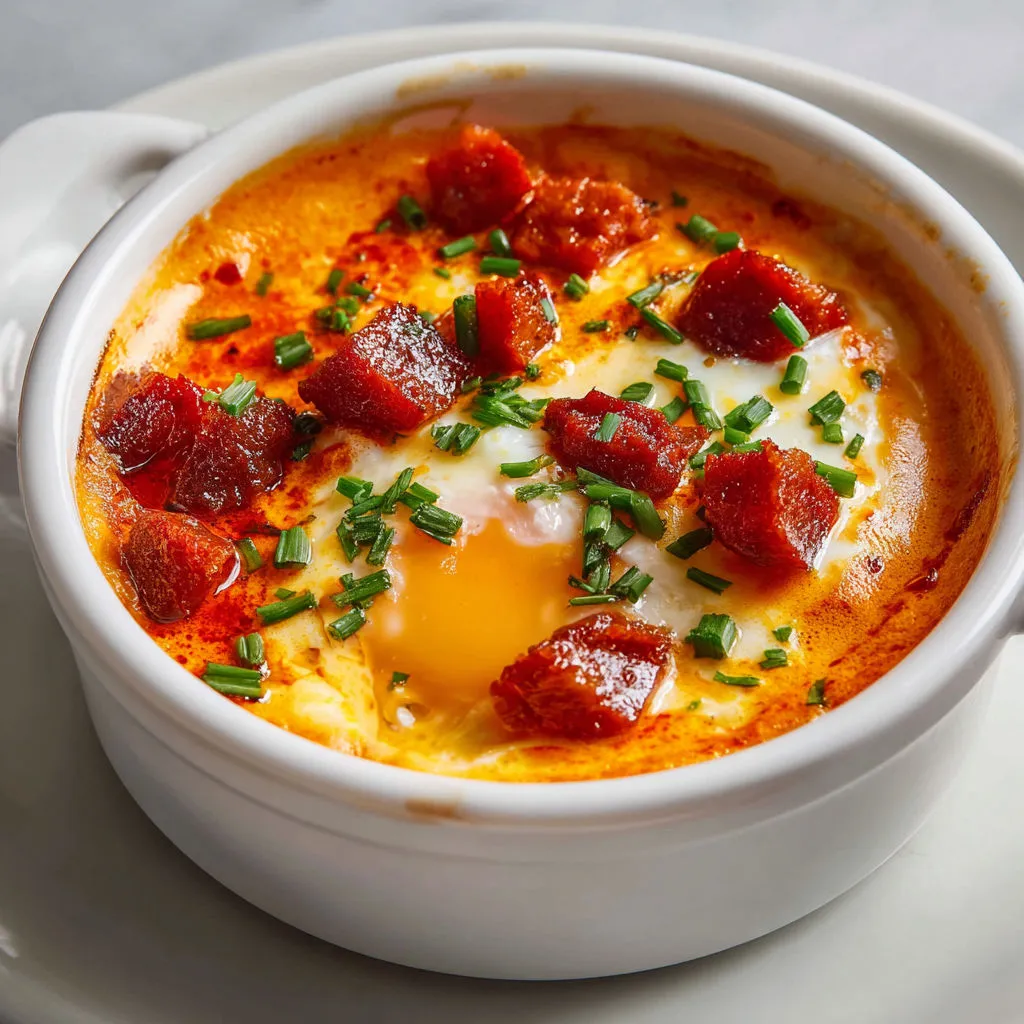 Œuf mollet en cocotte sur crème de chorizo et poivron, plat doux et épicé inspiré d’Espagne.