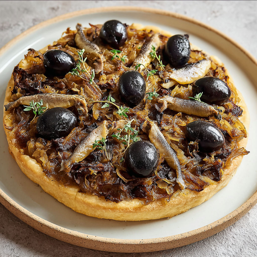 Tarte moelleuse revisité avec aubergines et oignons fondants, ambiance Provence et olives noires.