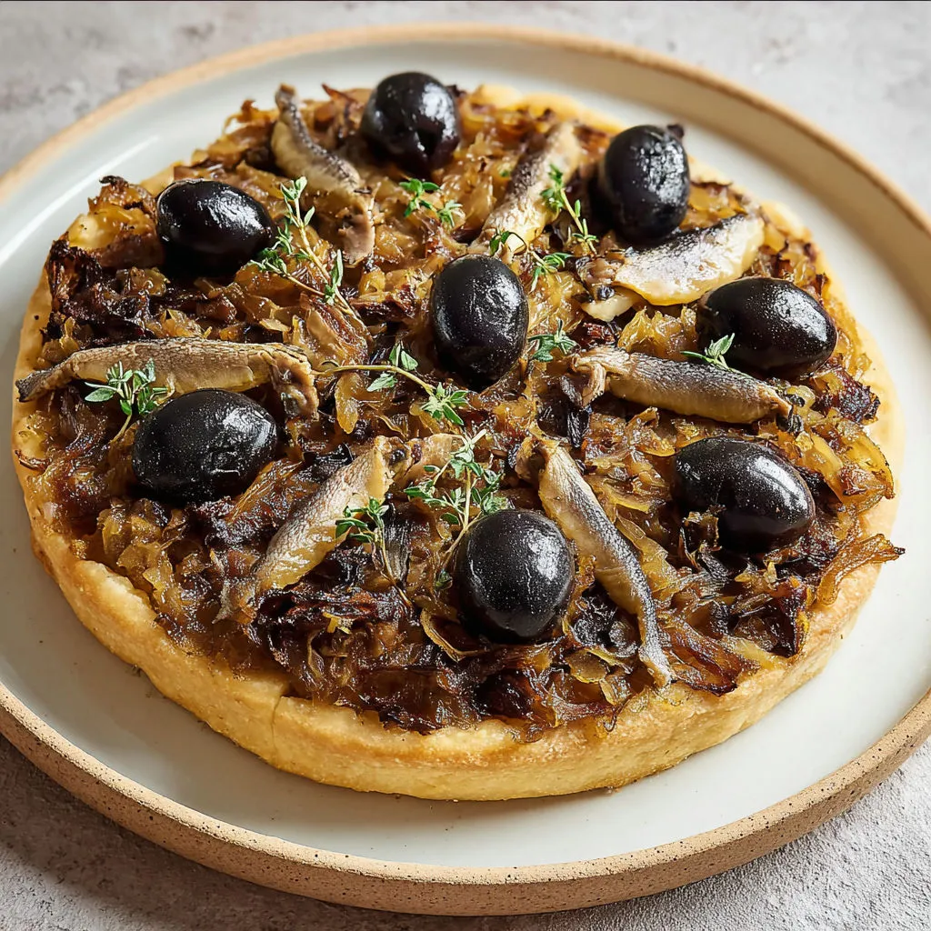 Tarte moelleuse revisité avec aubergines et oignons fondants, ambiance Provence et olives noires.