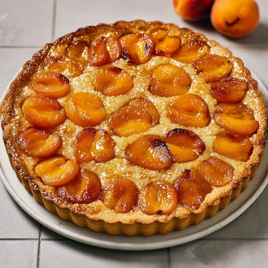 Abricots caramélisés sur une pâte croustillante avec crème d’amandes légère, dessert d’été chic.
