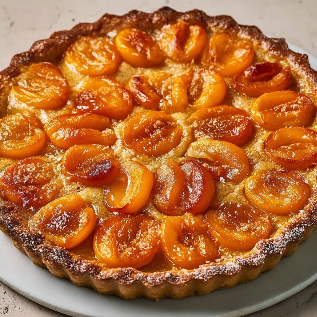 Tarte maison aux abricots et amandes, douceur moelleuse et pâte croustillante.