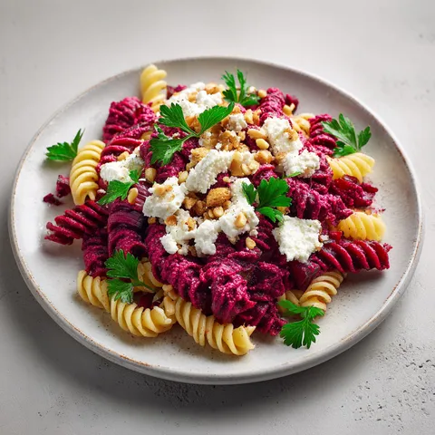 Un plat coloré de pâtes avec pesto de betterave et feta, servi joliment.
