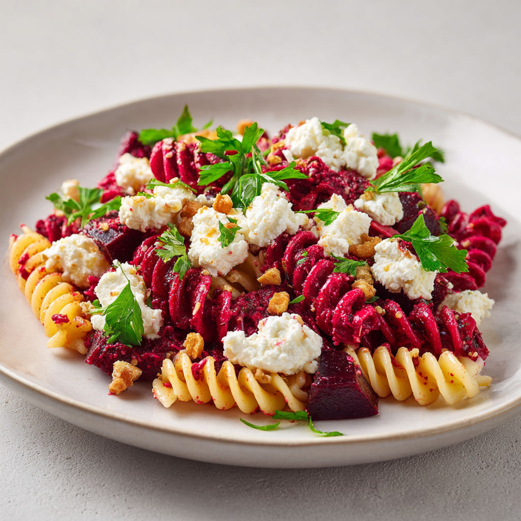 Salade de pâtes fraîche et colorée avec pesto de betterave, feta, fusilli, parmesan et herbes.