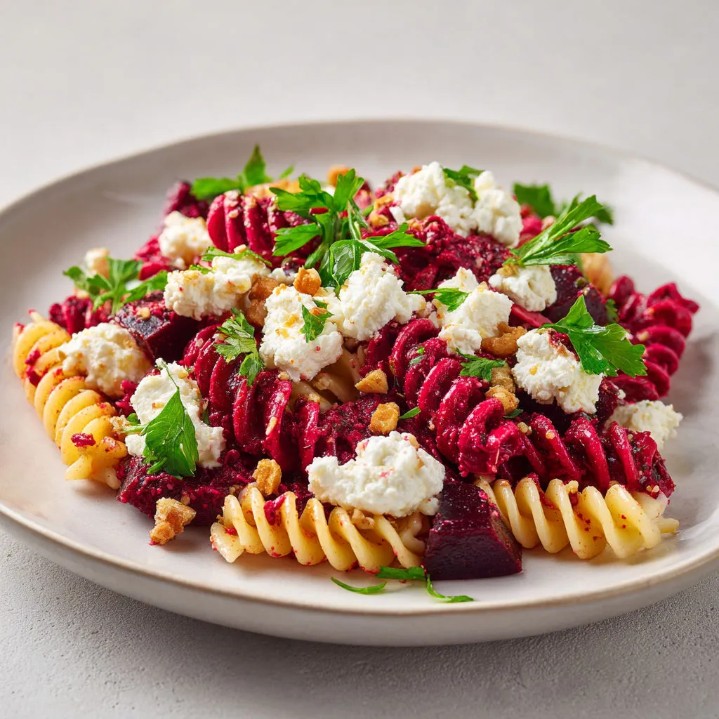 Salade de pâtes fraîche et colorée avec pesto de betterave, feta, fusilli, parmesan et herbes.
