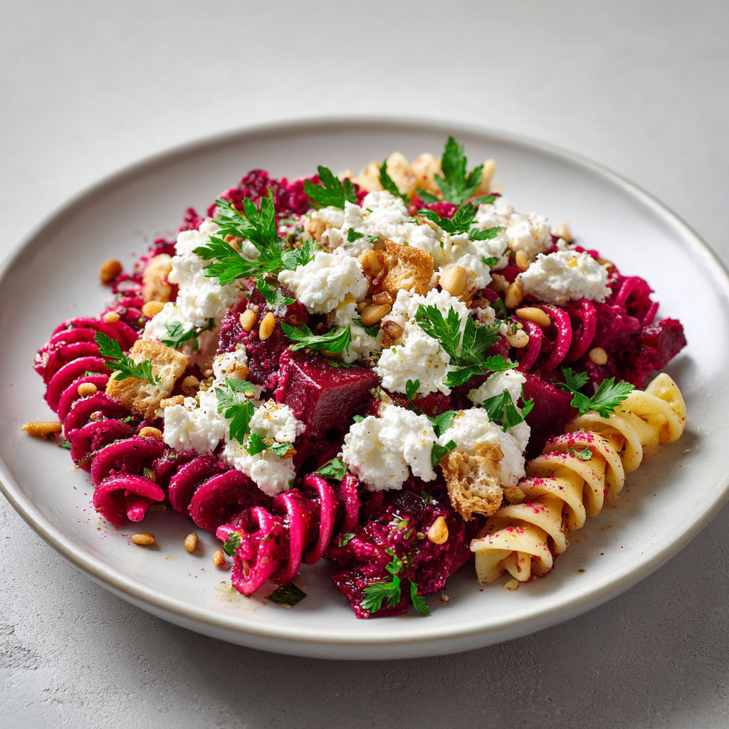 Fusilli pesto betterave fait maison, salade fraîche à la feta et pignons croquants.