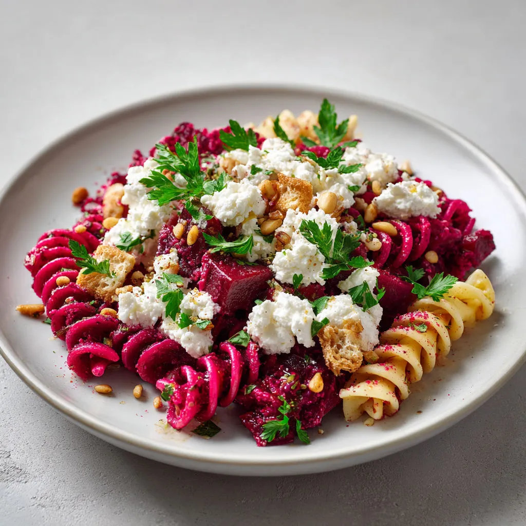 Fusilli pesto betterave fait maison, salade fraîche à la feta et pignons croquants.