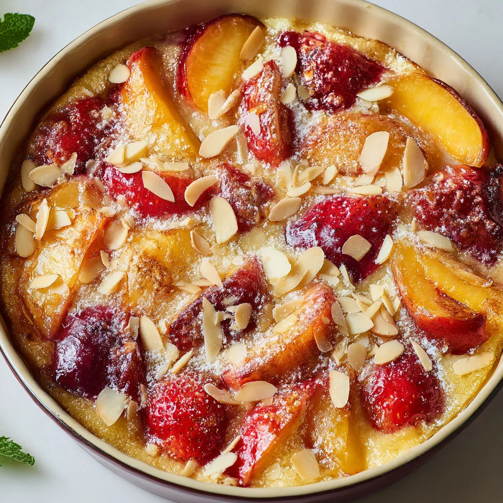 Gratin doré aux fruits d’été, nectarines rôties, fraises bien mûres et touche de dragées croquantes.