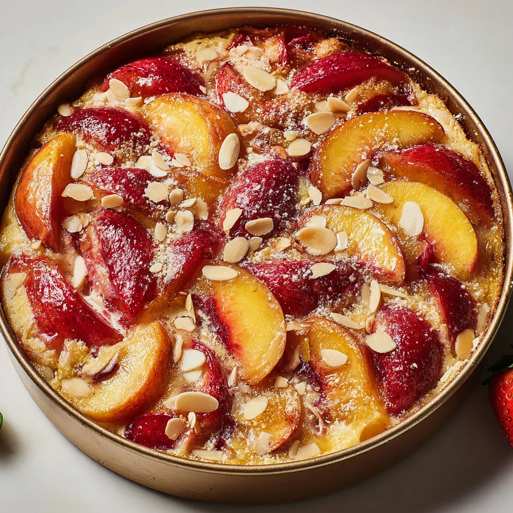 Dessert gratiné aux fraises et nectarines, parfum d’amande et dragées croquantes.