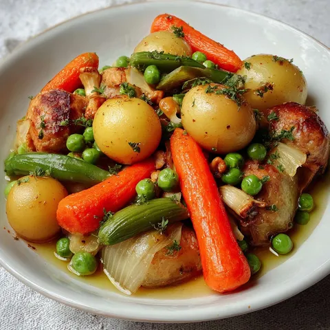 Jeunes légumes printaniers comme des carottes, pois, asperges, présentés dans une assiette colorée.