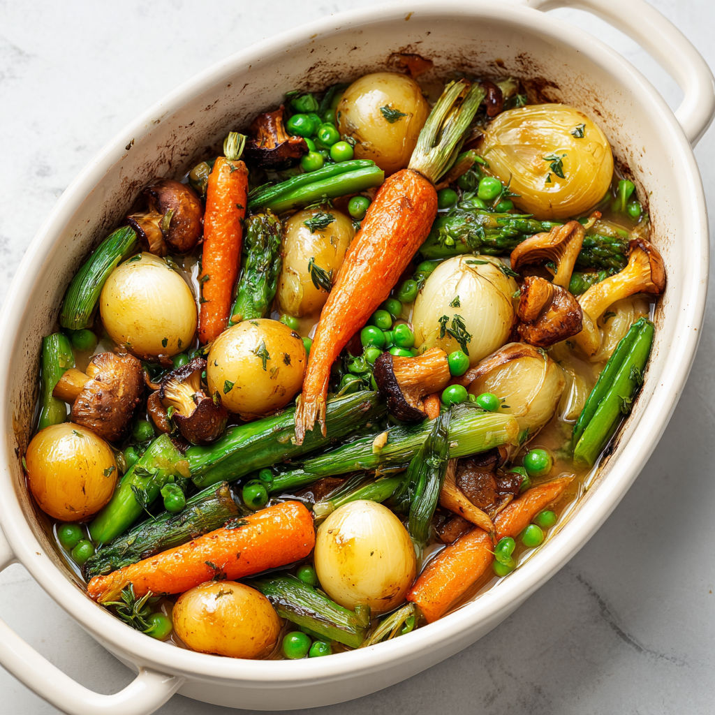 Joli mélange de légumes de saison fondants, carottes, haricots verts, asperges et girolles bien brillants au beurre.