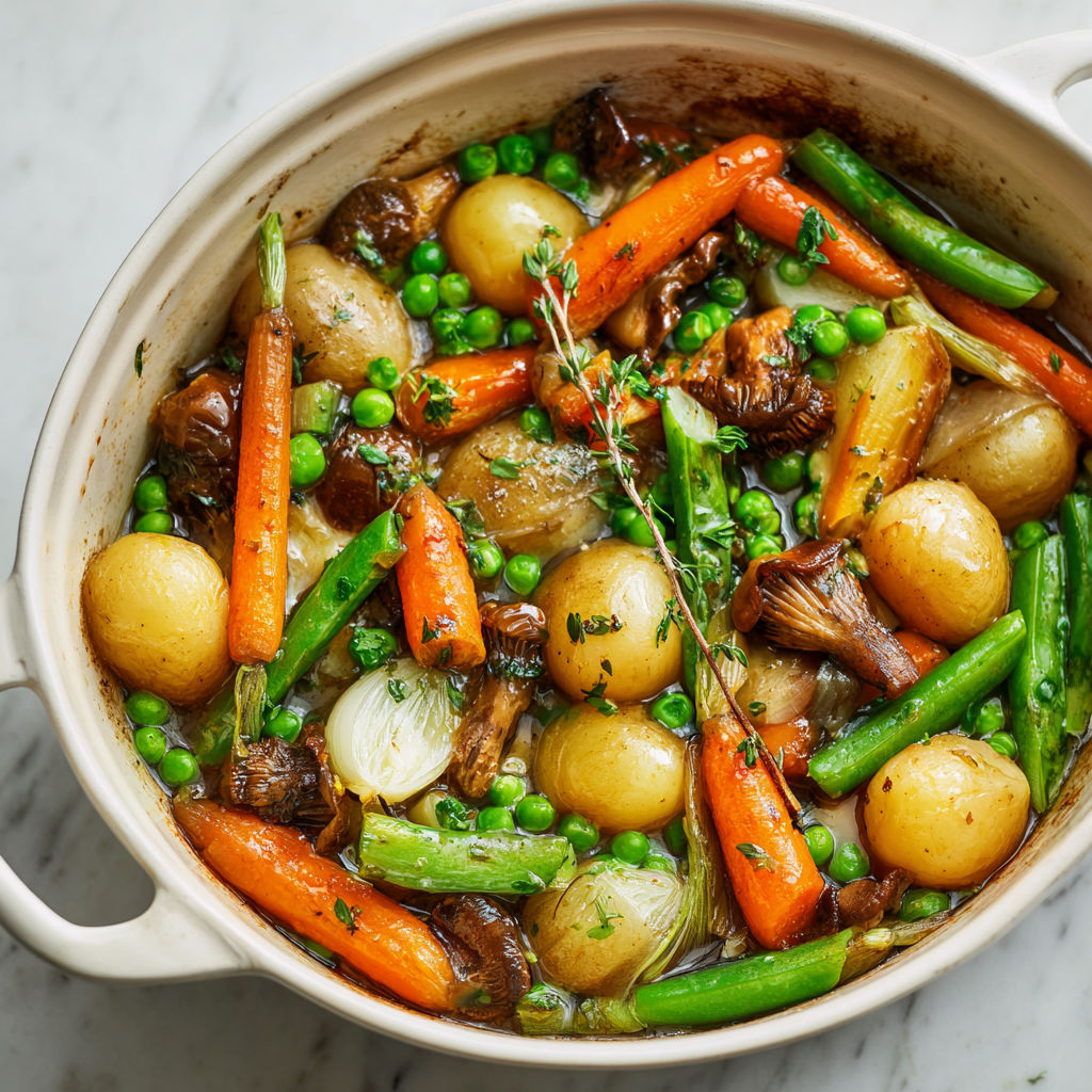 Poêlée de légumes nouveaux au beurre fondant : carottes, asperges, haricots verts et girolles fraîches tout juste dorés.