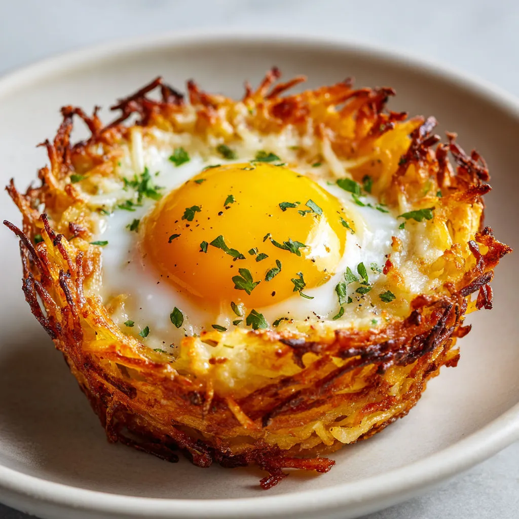 Œufs en nids croustillants pommes de terre et carotte, gratinés au fromage coulant.