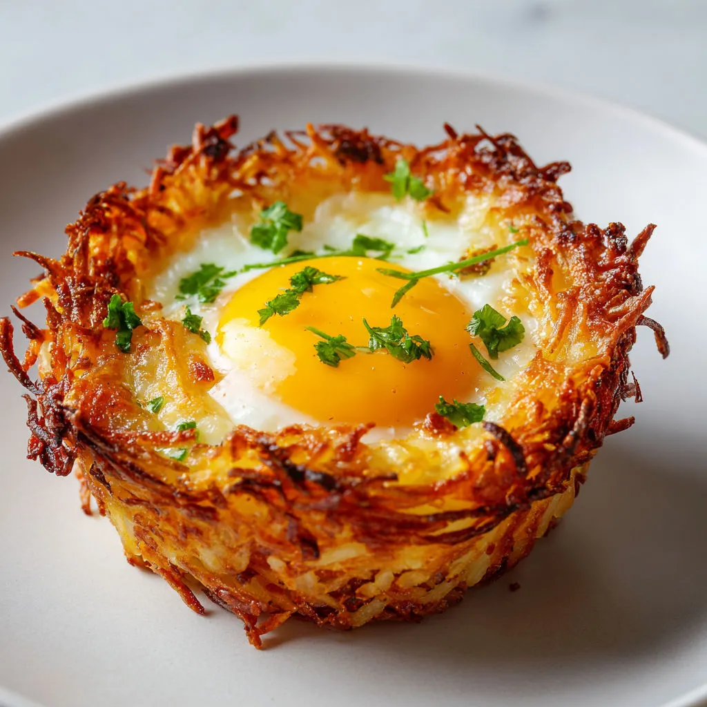 Nids de légumes dorés au four, garnis d’œufs, servis façon cocotte avec fromage et herbes.