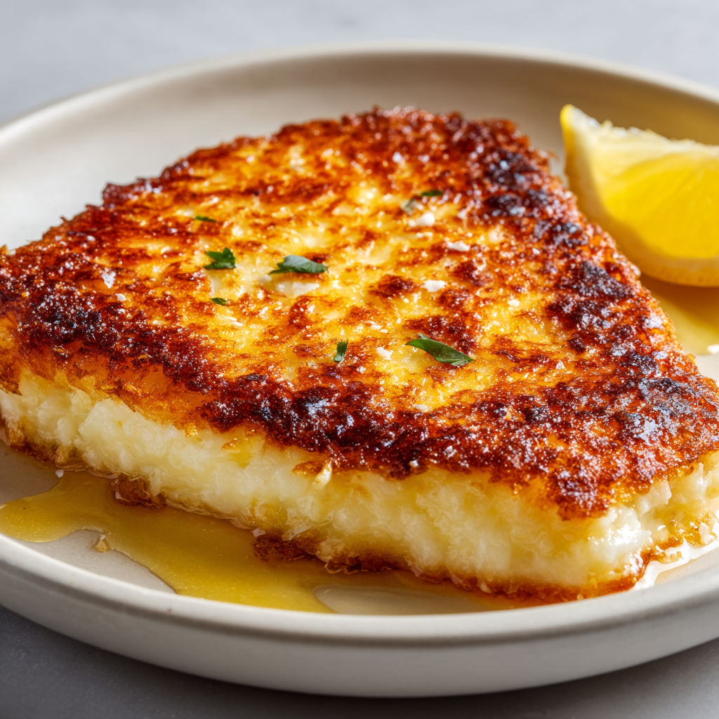 Tranche de fromage grec doré croustillant et citron frais, apéritif chaud inspiré de la Méditerranée.