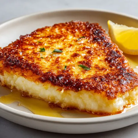 Tranche de fromage grec doré croustillant et citron frais, apéritif chaud inspiré de la Méditerranée.