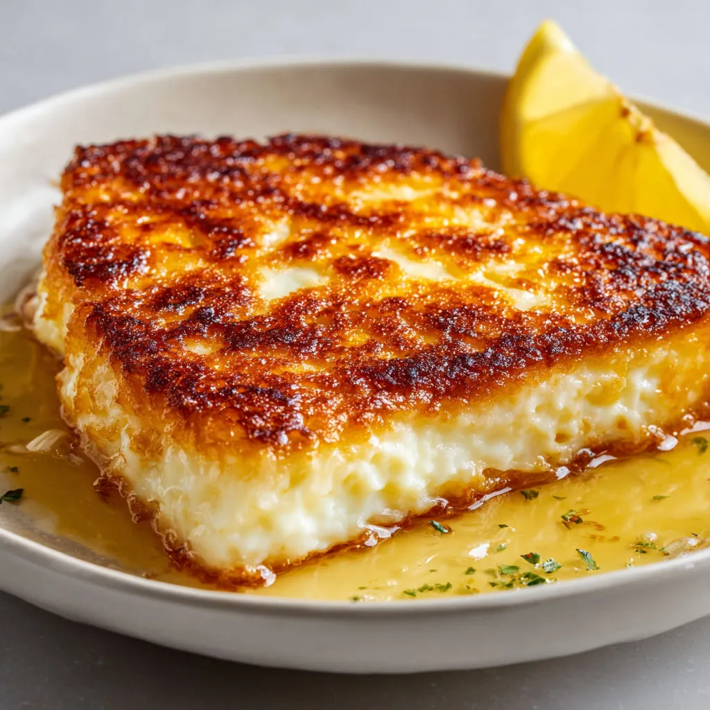 Fromage doré croustillant poêlé façon saganaki, citron pressé, simple à préparer.