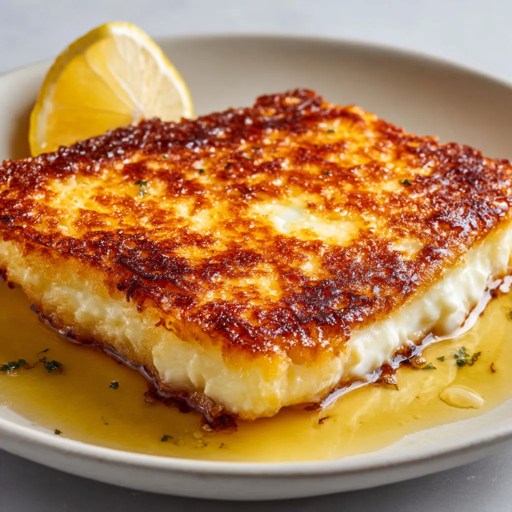 Saganaki traditionnel pommes poêlées, fromage doré et croquant au citron.