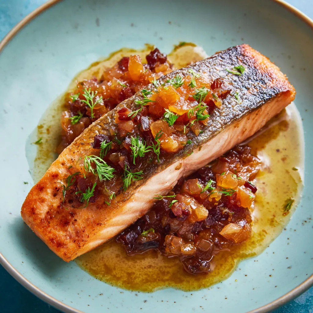 Saumon poêlé et chutney de rhubarbe maison, assiette pleine de pep's avec un parfum légèrement sucré et épicé.
