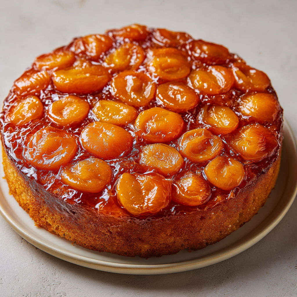 Un dessert renversé, garni d'abricots dorés, servi avec élégance.