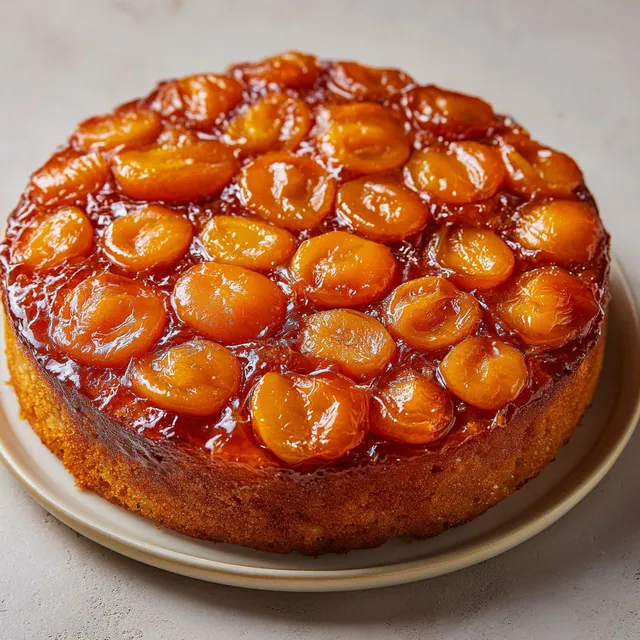 Un dessert renversé, garni d'abricots dorés, servi avec élégance.