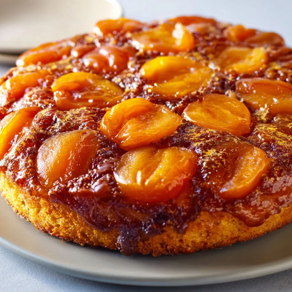 Abricots caramélisés avec génoise moelleuse inversée au beurre.