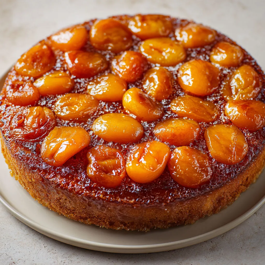Dessert moelleux aux abricots sur lit de caramel doré, sorti tout chaud du four.