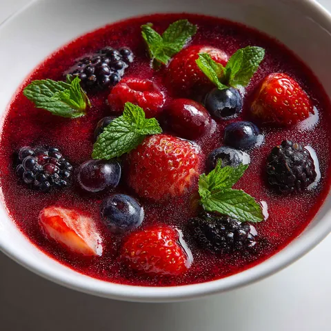 Un bol rempli de fruits rouges infusés à la menthe fraîche.