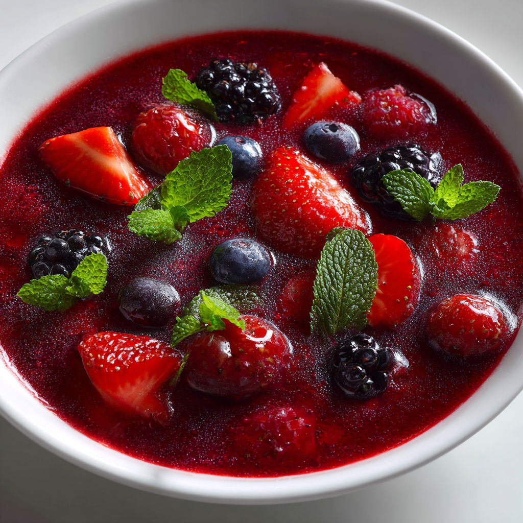 Bol de fruits rouges bien frais à la menthe, relevé de crème de cassis.