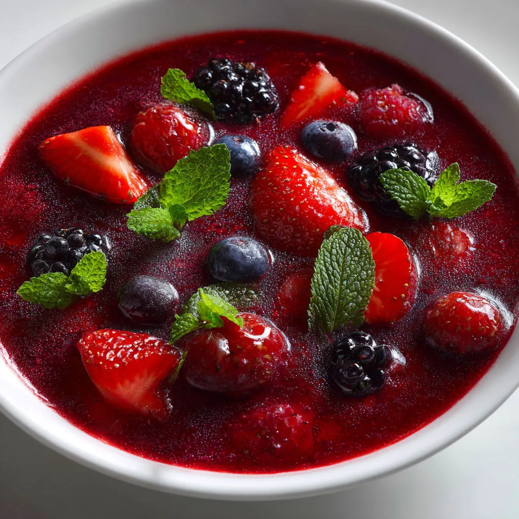 Bol de fruits rouges bien frais à la menthe, relevé de crème de cassis.