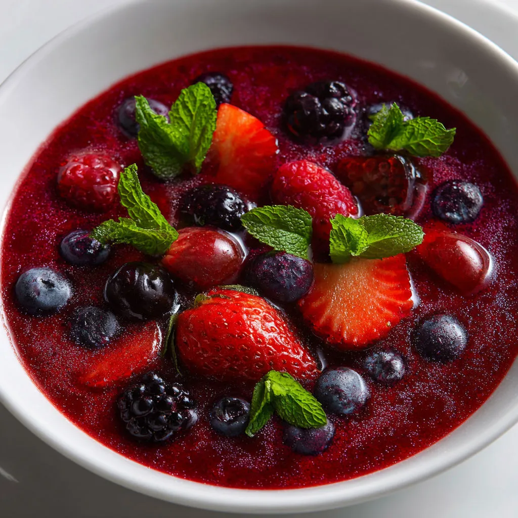 Soupe glacée de fruits rouges gourmande à la menthe et cassis.