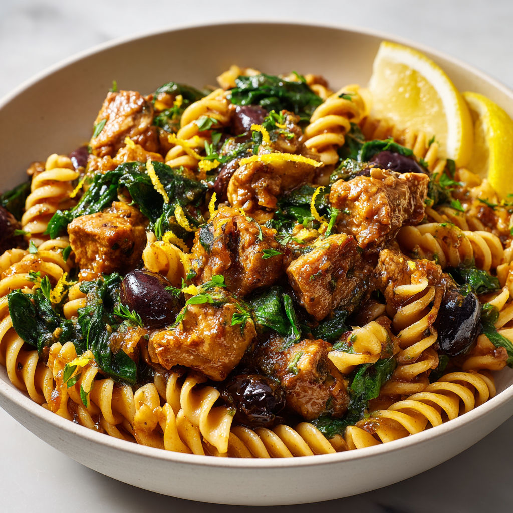 Pâtes avec porc mijoté, légumes verts et olives pour un plat complet.