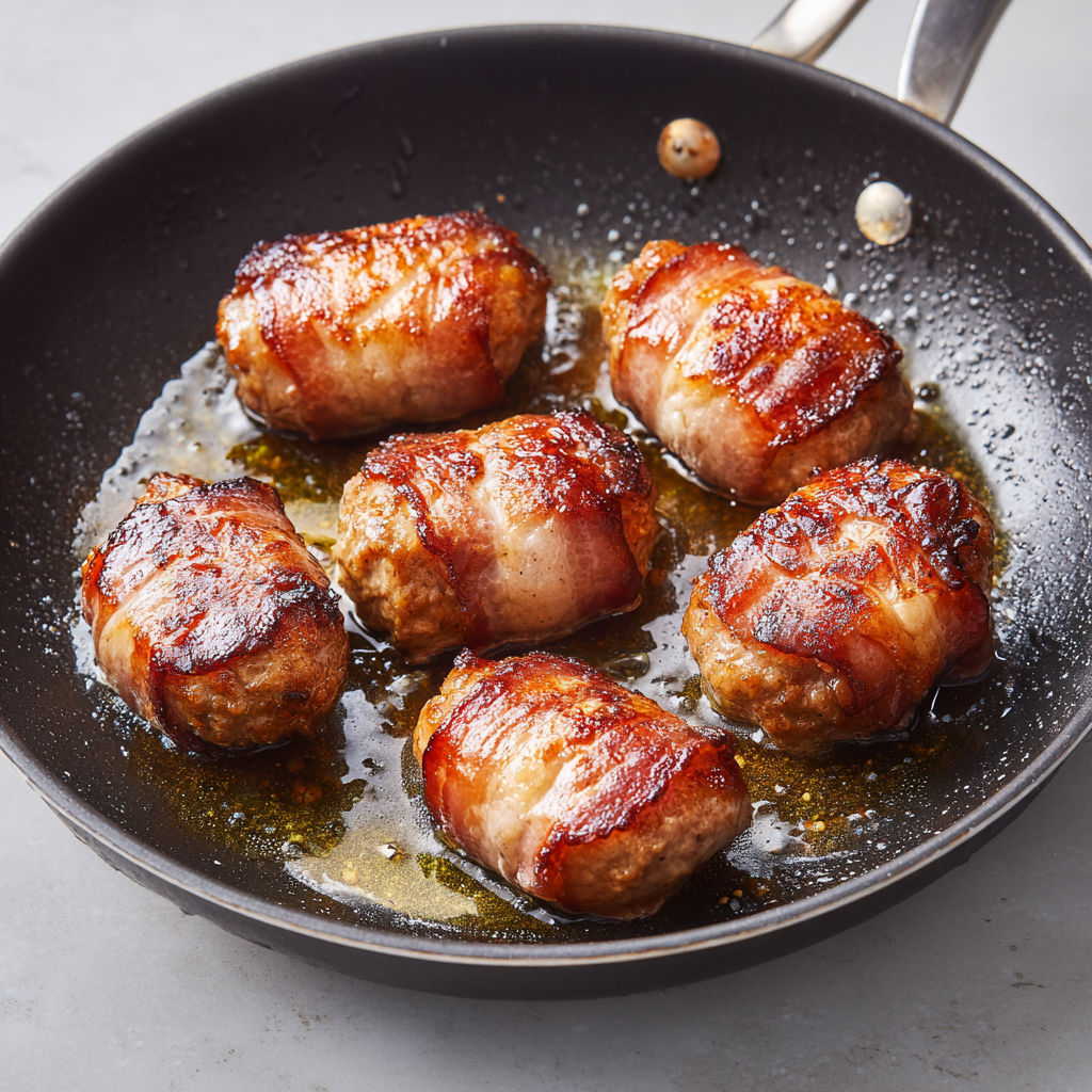 Crépinettes de porc bien saisies, dorées dans le beurre et moelleuses à cœur.