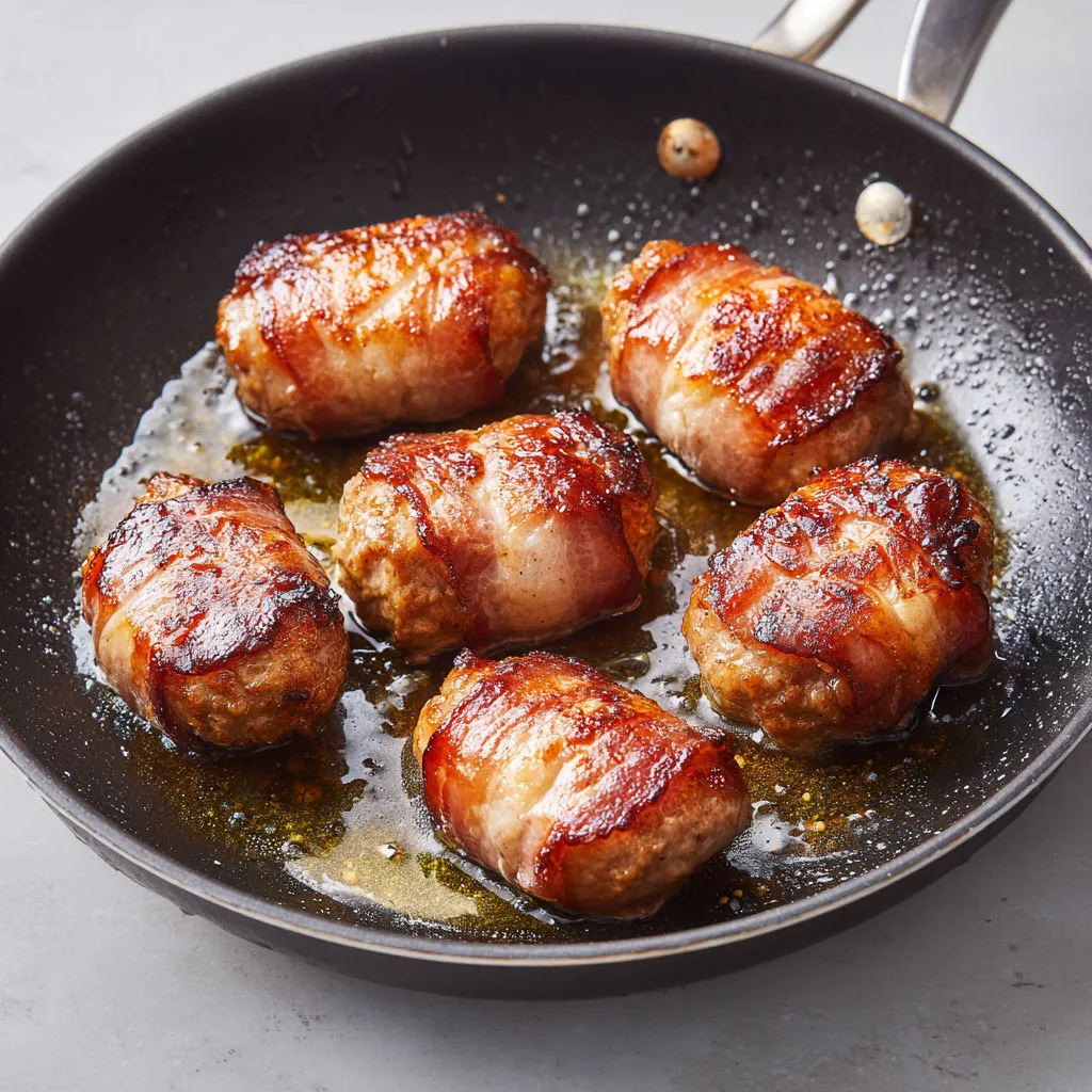 Crépinettes de porc bien saisies, dorées dans le beurre et moelleuses à cœur.