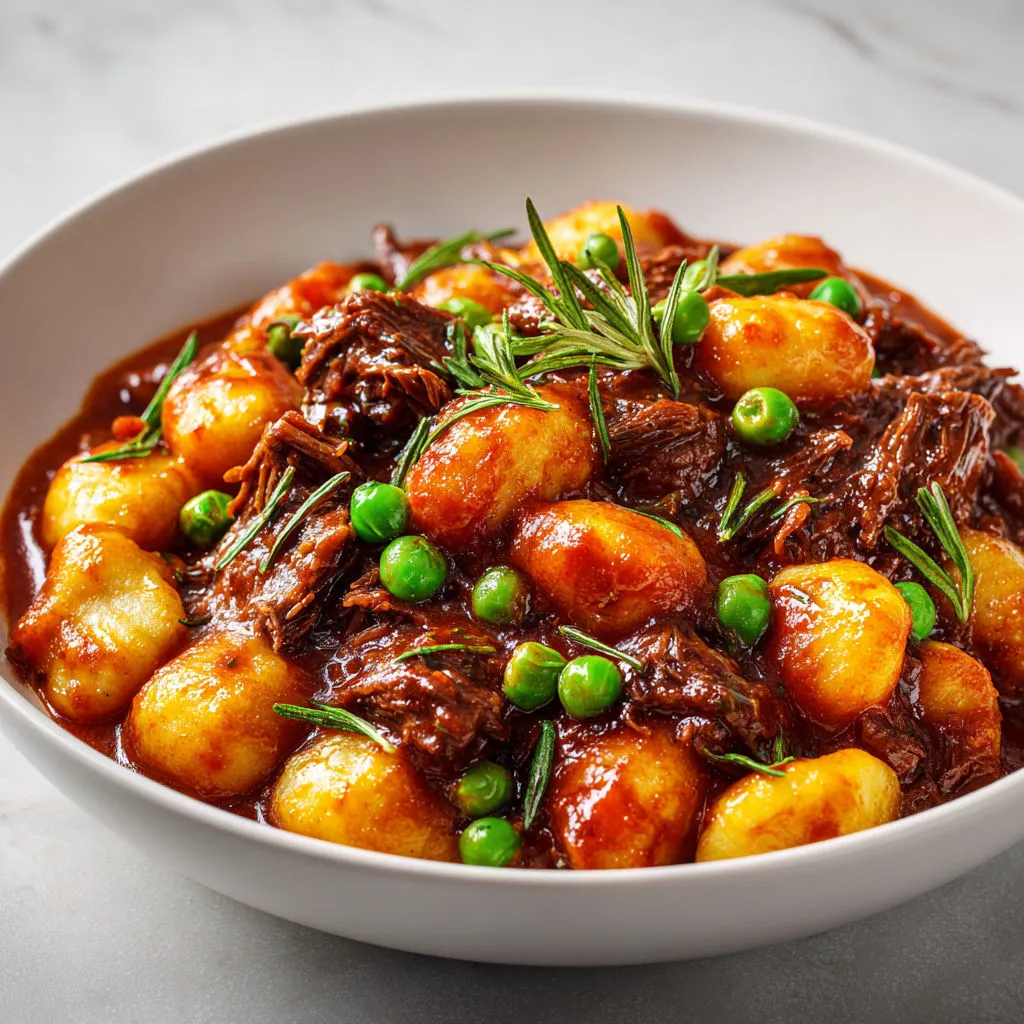 Plat généreux de gnocchis tendres, boeuf mijoté au romarin et parmesan savoureux.