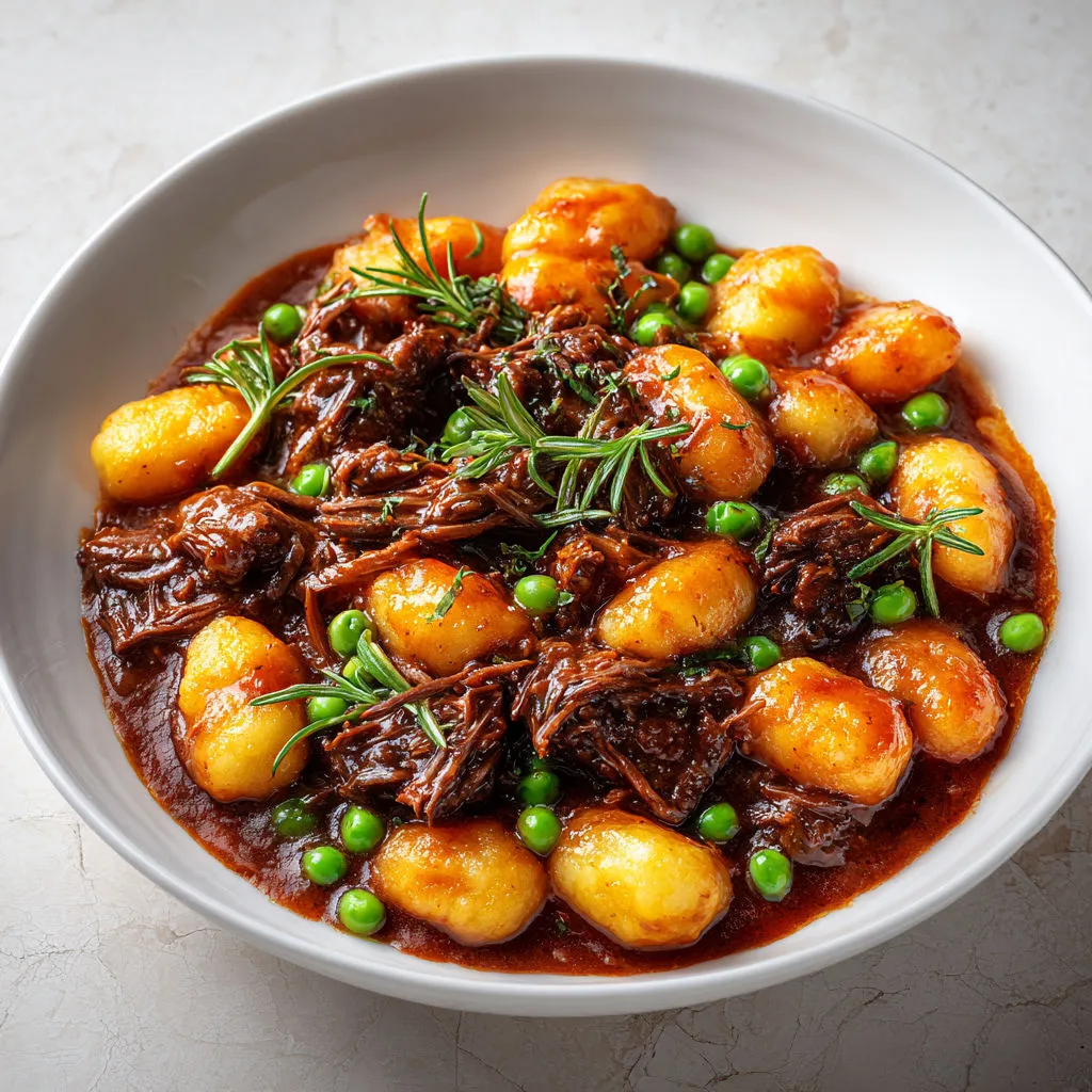 Gnocchis moelleux au bœuf longuement mijoté et romarin parfumé dans une sauce épaisse au vin rouge.